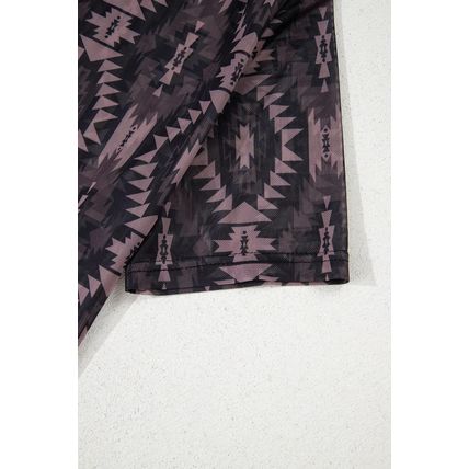 Brown Aztec Print Mock Neck Short Sleeve Mesh T Shirt