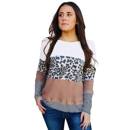 Brown Stripes Leopard Splicing Colorblock Long Sleeve Top