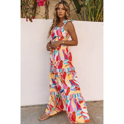 Multicolor Abstract Print Striped Trim Maxi Sundress