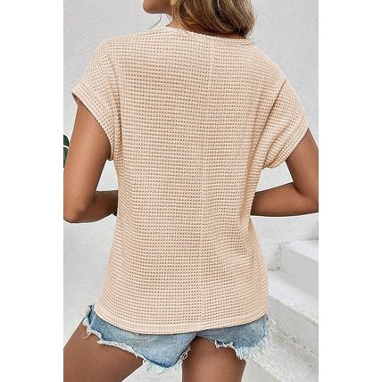 Oatmeal Lace Patchwork Waffle Short Sleeve Top