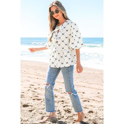 White Bowknot Print Front Knots Bubble Sleeve Blouse