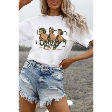 White Texas Horse Graphic Cuffed Sleeve Graphic T Shirt