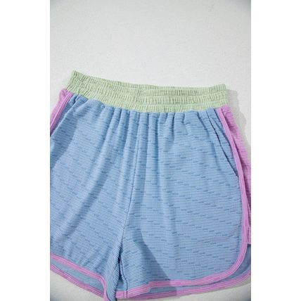 Beau Blue Corded Knit Contrast Trim Round Neck Cap Sleeve 2pcs Short Set