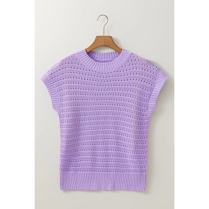 Lavendula Pointelle knit Ribbed Trim Short Sleeve Sweater