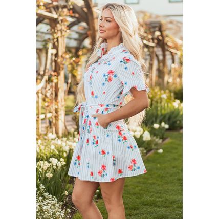 Sky Blue Stripe Floral Pattern Ruffle Short Sleeve Belted Mini Dress