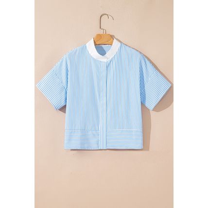 Sky Blue Stripe Contrast Collar Patchwork Hidden Button Short Sleeve Summer Shir