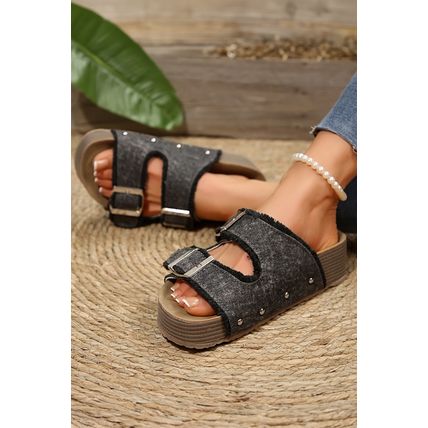 Black Double Buckle Straps Hollow Out Frayed Detial Retro Slippers