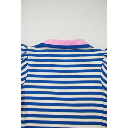 Dark Blue Stripe Print Contrast Collar Split Neck Flutter Sleeve Short Dress