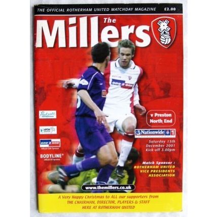 2001 programme Rotherham United v. Preston North End, centrefold John Mullin