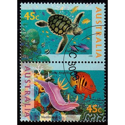 Australia 1995 Marine Life 2 x 45c Used Stamps Flatback Turtle & Nudibranch .