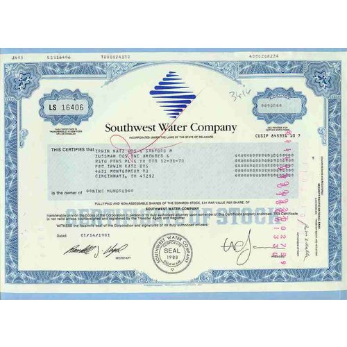 DE na Stock Certificate Company: Southwest Water Company ~81