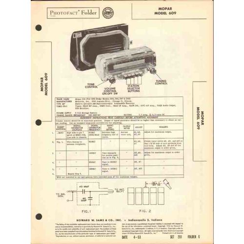 MOPAR model 609 6 tube AM car radio receiver Sams Photofact manual