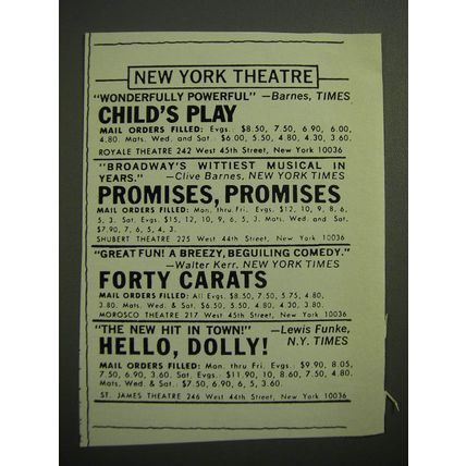 1970 New York Theatre Ad - Child's Play; Promises, Promises; Hello, Dolly
