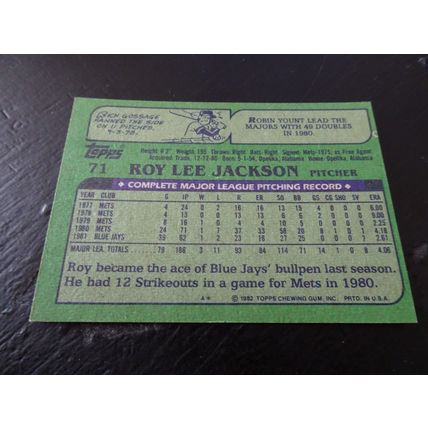 1982 Topps Card # 071A Roy Lee Jackson Excellent-Mint (6) Toronto Blue Jays