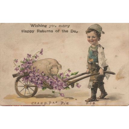 Child Farmer With Grandpa's Pig Antique German Postcard