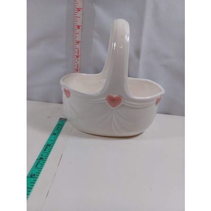 Vintage FTDA White Gathered/Draped Ceramic Basket with Handle & Pink Hearts 1985