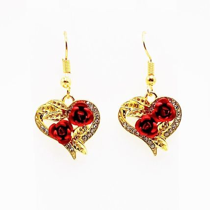 Earrings Golden Red Rose Heart Shape Drop Dangle #588