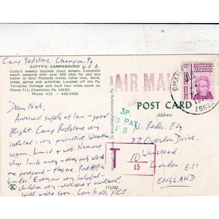 Champion Cutty's Campground PA USA Postcard posted1978 3p Tax to pay creased