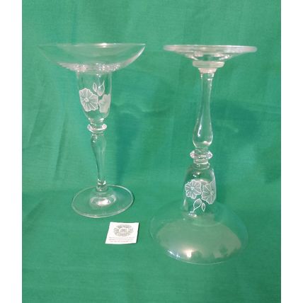 PAIR OF CLEAR GLASS CHAMPAGNE COUPE STYLE CANDLEHOLDERS w WHITE FLOWER DESIGN