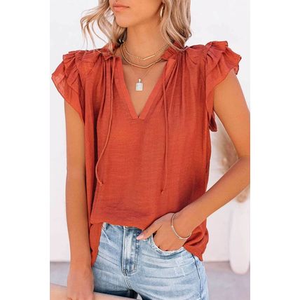 Tiered Ruffled Drawstring V Neck Top
