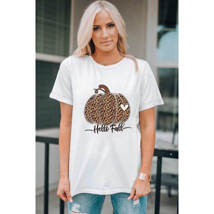 White Hello Fall Leopard Pumpkin Graphic T Shirt