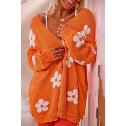 Orange Floral Print Knitted Open Front Loose Cardigan