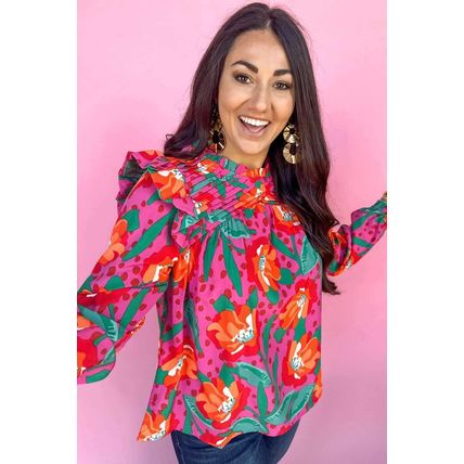 Rose Floral Print Pleated Ruffled O Neck Plus Size Blouse