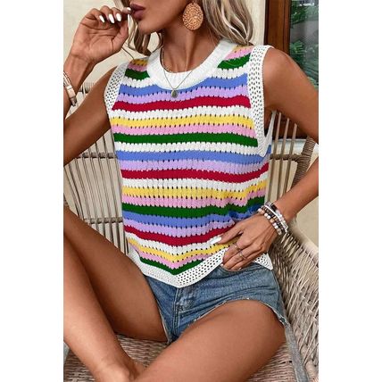 Multicolour Striped Knitted Eyelet Slim Sweater Vest