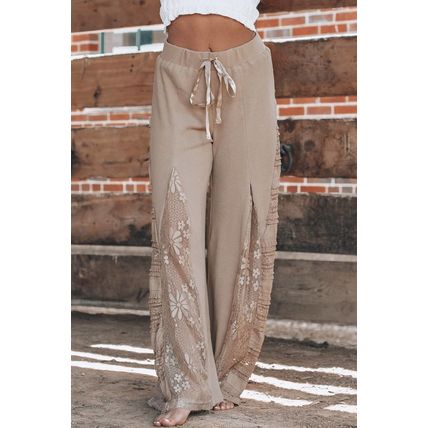 Smoke Gray Boho Lace Patchwork Wide Leg High Waist Pants