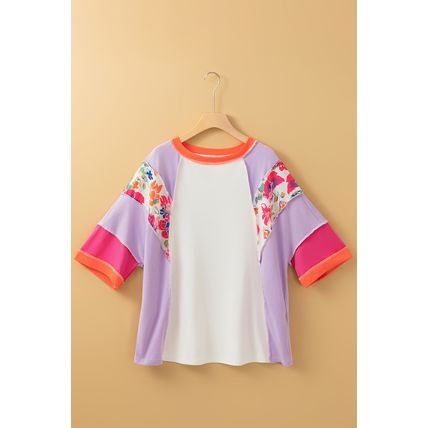Sachet Pink Floral Color Block Patchwork 3/4 Sleeve Casual Blouse