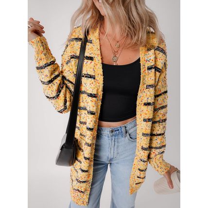 Beige Striped Pom Pom Knit Open Front Long Cardigan