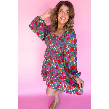 White Plus Size Floral Frilled Square Neck Shirred Long Sleeve Dress