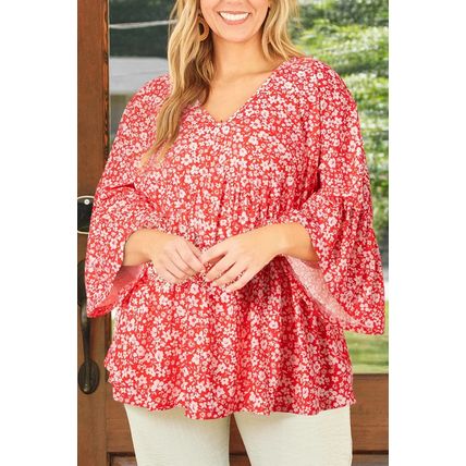 Red Plus Size Floral V Neck Flared Bracelet Sleeve Blouse