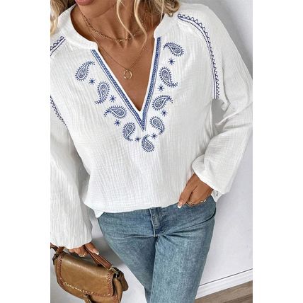 White Paisley Embroidered Textured Split Neck Long Puff Sleeve Blouse