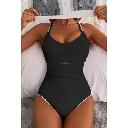 Black Ric Rac Trim Contrasted Patchwork Cutout One Piece Swimsuit