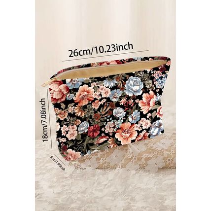 Black Flower Print Zipper Ribbed Corduroy Large Makeup Bag