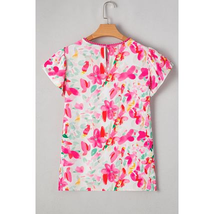 Rose Floral Print Flutter Sleeve Round Neck Casual Blouse