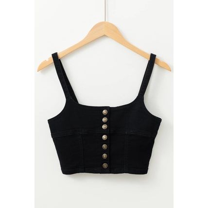 Black Acid Wash Buttoned Cropped Slim Denim Tank Top