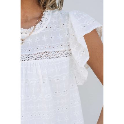 White Lace Neckline Flutter Sleeve Eyelets Blouse