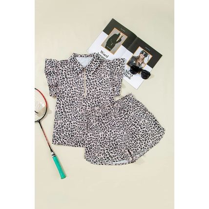 Brown Leopard Half Zipper Collared Ruffled Sleeve Top and Short Set