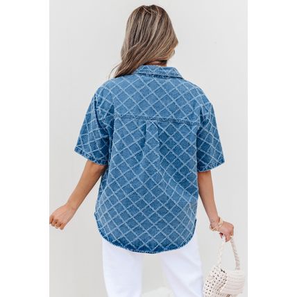Dusk Blue Checkered Textured Short Sleeve Patched Pocket Denim Shirt