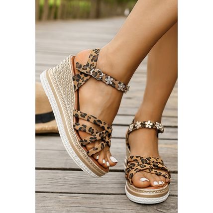 Chestnut Rhinestone Flower Decor Leopard Strappy Wedge Sandals