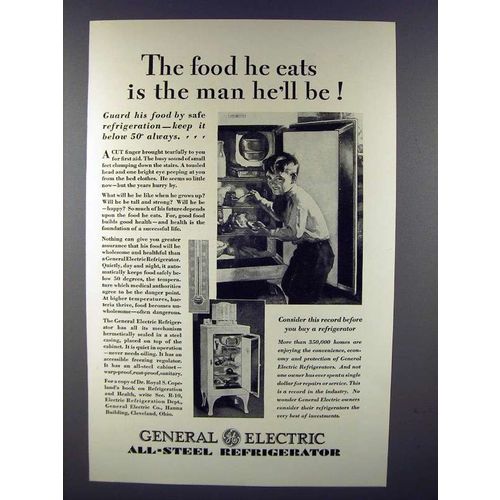 1929 General Electic Refrigerator Ad - Food He Eats