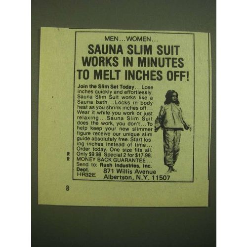 1980 Rush Industries Sauna Slim Suit Ad - Works in Minutes To Melt Inches Off