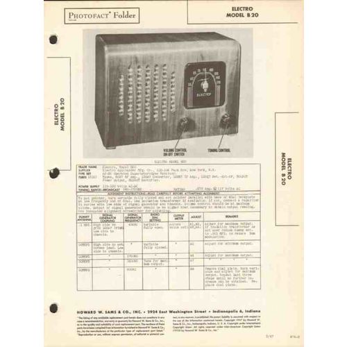 ELECTRO model B20 6 tube AM radio receiver Sams Photofact manual