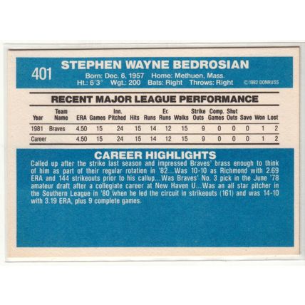 1982 Donruss baseball card 401 Steve Bedrosian Rookie RC - Braves