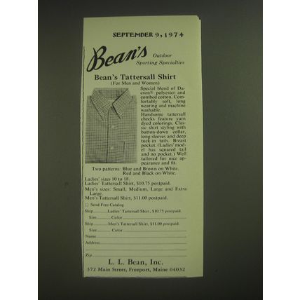 1974 L.L. Bean Tattersall Shirt Ad - Bean's Outdoor sporting specialties