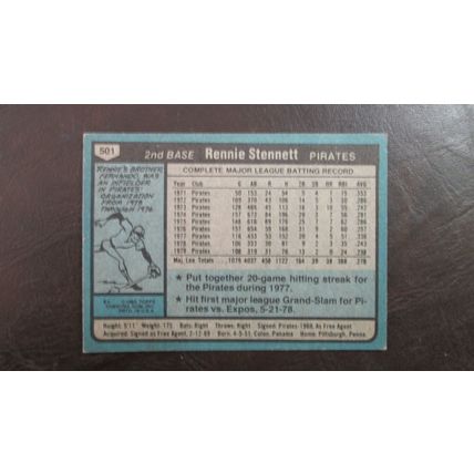 1980 Topps Rennie Stennett Pittsburgh Pirates Card #501