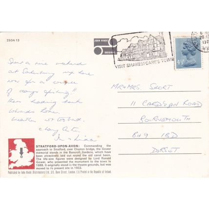 Gower Memorial Stratford upon Avon Postcard posted crease