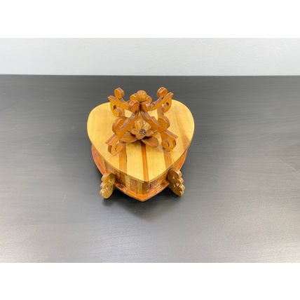 Vintage Jewelry Box, Heart Shaped, Red Velvet Lining, Storage Container, Brown K